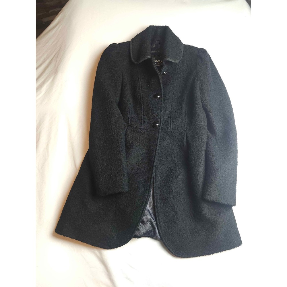 Guess Black Boucle Wool Blend Button Front Coat with Back Bow Detail Small